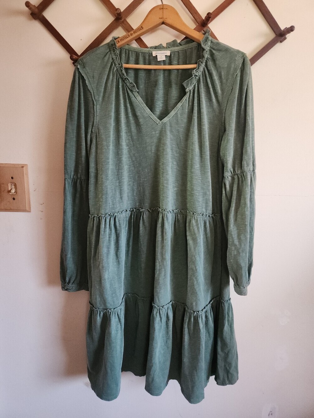 Sundance Long-Sleeve Tiered V-Neck Mini Dress Sage Green Acid Wash Cotton Medium